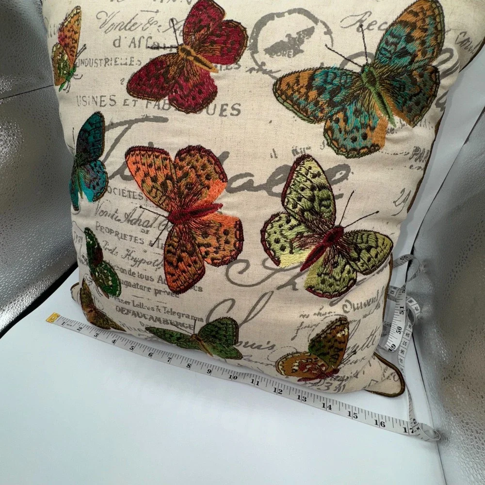 Pier 1 Imports 15x15 Luxury Throw Pillow Embroidered Rainbow‎ Butterfly Decor